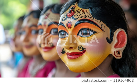 Colorful Traditional Masks in Cultural Festival Parade, AI 119104908
