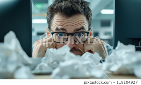 Frustrated Office Worker Surrounded by Crumpled Papers, AI 119104927