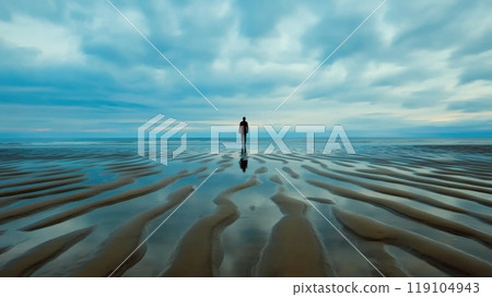 Solitary Figure on Tranquil Beach at Low Tide, AI 119104943