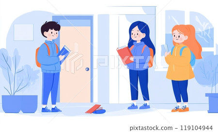Three Students Engaging in a Friendly School Hallway Discussion, AI 119104944