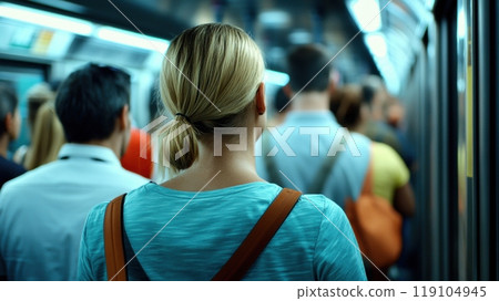 Commuters in a Crowded Subway Train During Rush Hour, AI 119104945