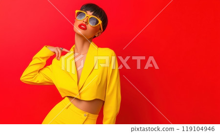 Fashionable Woman in Bold Yellow Outfit Against Vibrant Red Background, AI Fashionable Woman in Bold Yellow Outfit Against Vibrant Red Background, AI 119104946