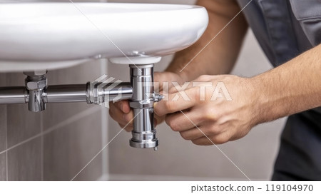 Plumber Fixing a Bathroom Sink Pipe, AI Plumber Fixing a Bathroom Sink Pipe, AI 119104970