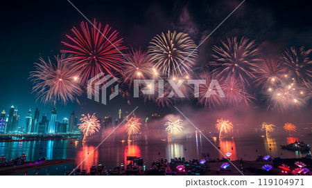vibrant fireworks display lighting up the city skyline at night, generative ai 119104971