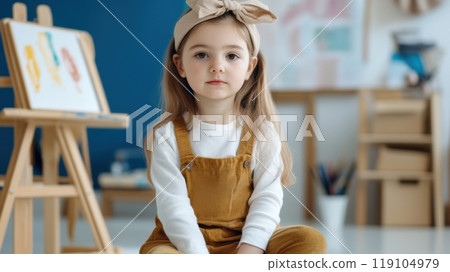 Young Girl in Art Studio with Easel and Paintings in Background, AI 119104979