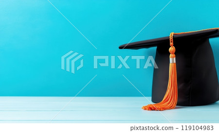 Graduation Cap on Blue Background Symbolizing Academic Achievement and New Beginnings, AI 119104983