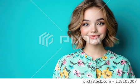 Young Woman Smiling Against a Vibrant Turquoise Background in Floral Attire, AI 119105007