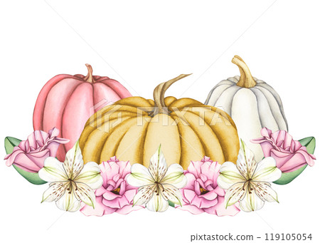 Watercolor white, pink and orange pumpkin with Floral garland. Autumn collection fall items. Hand drawn illustration for invitations and cards for harvest festival or thanksgiving 119105054