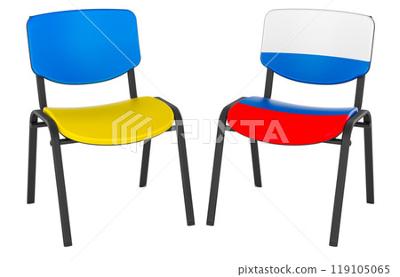 Russia-Ukraine Dialogues, concept. Two chairs with flags of Ukraine and Russia. 3D rendering 119105065