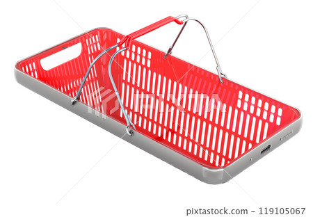 Smartphone as shopping basket. Online ordering, concept. 3D rendering 119105067