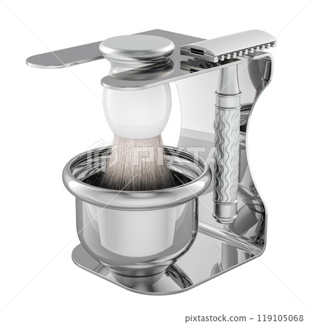 Stainless Shave Razor Stand with Shaving Soap Bowl, Shaving Brush and Razor. 3D rendering 119105068