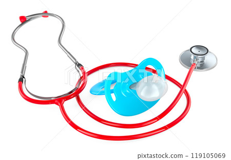 Stethoscope with baby pacifier. Baby Health, concept. 3D rendering 119105069