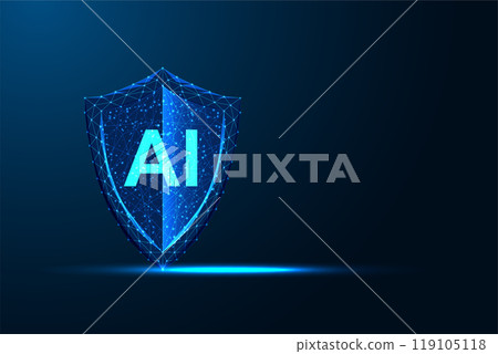 AI security concept with glowing digital shield and AI letters on blue background. Cybersecurity 119105118
