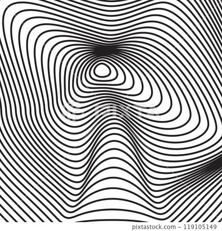 Topographic map or wood rings texture. Psychedelic pattern with distorted black and white stripes. Hypnotic optical illusion. Hypnotherapy or trance groovy background. Vector graphic illustration Topographic map or wood rings texture. Psychedelic pattern with distorted black and white stripes. Hypnotic optical illusion. Hypnotherapy or trance groovy background. Vector graphic illustration 119105149