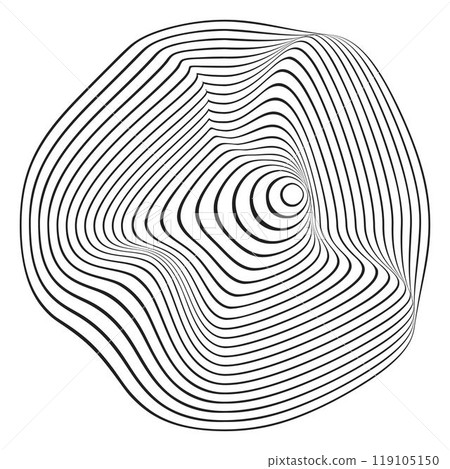 Curvy concentric circles. Topo map or wood texture. Pulse, noise or ripple icon isolated on white background. Synthwave sign. Dynamic, motion or signal symbol. Trendy cyber shape. Vector illustration 119105150