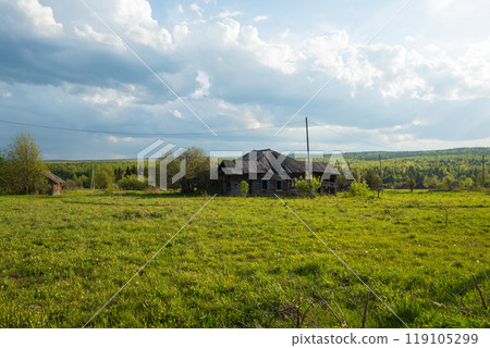an old abandoned village with ruined houses 119105299