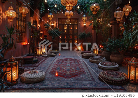 Traditional Eid al Adha decorations and lanterns hanging in a courtyard Traditional Eid al Adha decorations and lanterns hanging in a courtyard 119105496