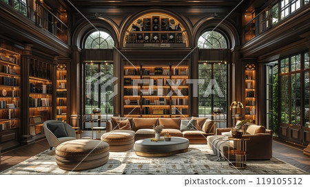 A VR interior of a high-end home library. 119105512