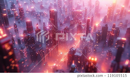 A 3D realistic rendering of a futuristic cityscape 119105515