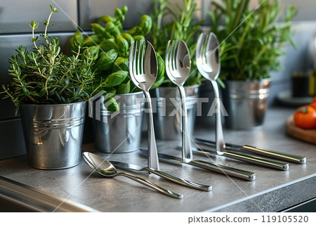 A cutlery set displayed in a modern kitchen setting 119105520