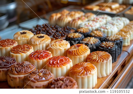 A close-up of traditional Lunar New Year pastries. 119105532
