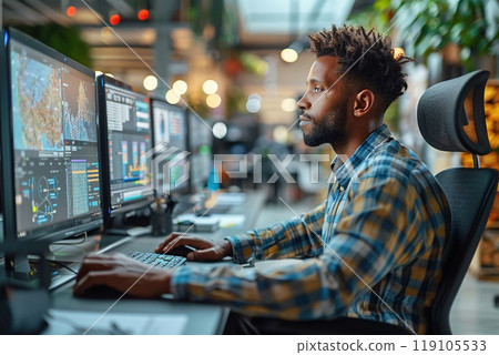 A person with a disability using voice recognition software at work. A person with a disability using voice recognition software at work. 119105533