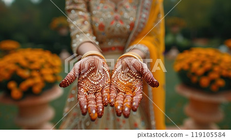 Henna artist applying designs to a brides hands close-up Henna artist applying designs to a brides hands close-up 119105584