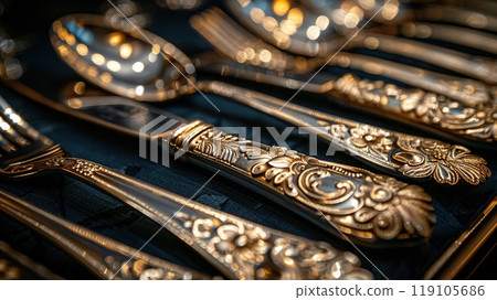 A close-up of a cutlery set with detailed etching. A close-up of a cutlery set with detailed etching. 119105686