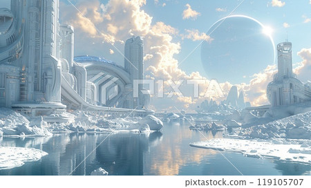 A 3D realistic rendering of a futuristic cityscape A 3D realistic rendering of a futuristic cityscape 119105707