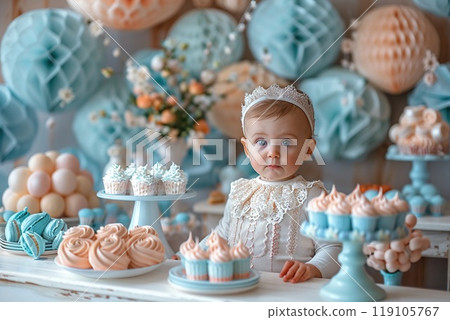 A baby shower collage with cute baby photos and pastel decorations. 119105767