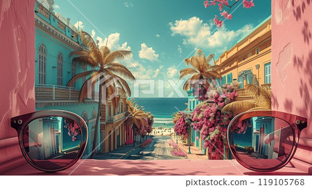 An artistic collage with photos and templates for a travel theme 119105768