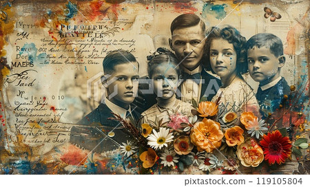 A family reunion collage with group photos and nostalgic elements. 119105804