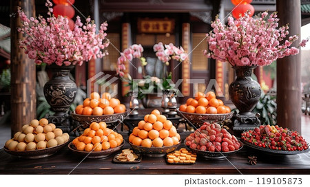 A decorated temple with Lunar New Year offerings. 119105873