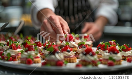 A chef plating a traditional Mexican dessert. 119105878