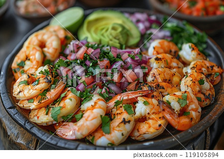A vibrant plate of Mexican seafood dishes. 119105894