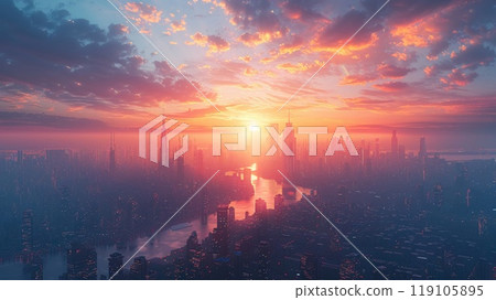 A 3D realistic rendering of a futuristic cityscape A 3D realistic rendering of a futuristic cityscape 119105895