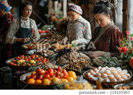 A family preparing a New Year feast traditional dishes 119105907