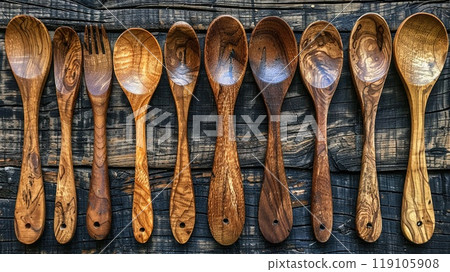 A traditional wooden cutlery set displayed on a rustic table. 119105908