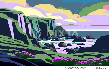 Colorful coastal landscape with cliffs, vector illustration. Colorful coastal landscape with cliffs, vector illustration. 119106227