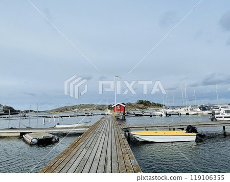 A view of red wooden houses on Donso Archipelago island . 119106355
