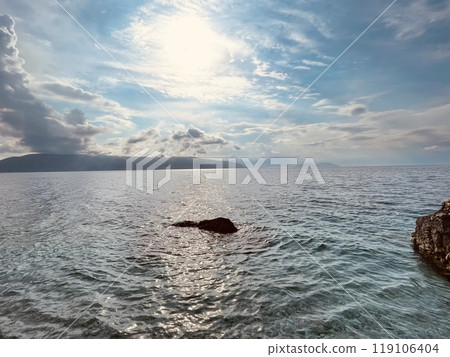 Rocky beach and crystal turquoise water of Ionian Sea in Albania. 119106404