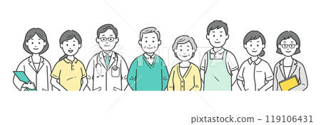 An upper body illustration of an elderly couple, a doctor, a nurse, a caregiver, and a care manager/nutritionist An upper body illustration of an elderly couple, a doctor, a nurse, a caregiver, and a care manager/nutritionist 119106431