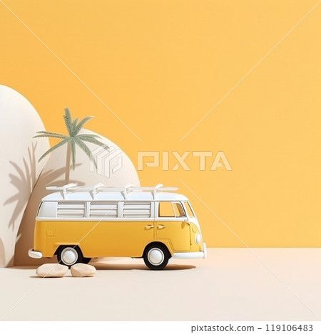 A car with summer vacation accessories ,yellow minimal background. 119106483