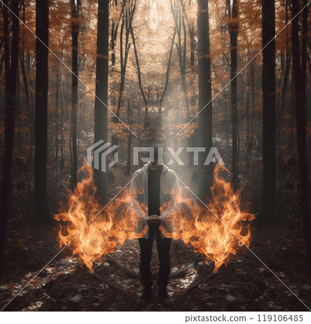 Generative AI. Silhouette of a man on fire  119106485