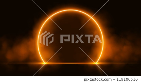 Neon arch with smoke, orange glowing portal, futuristic circle gate, magic stage with vapor. 119106510