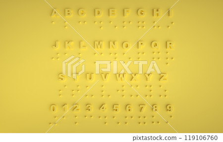 Braille Alphabet on yellow background. Dots on a yellow background. 3d illustration Braille Alphabet on yellow background. Dots on a yellow background. 3d illustration 119106760