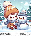 happy snowman in winter forest 119106769