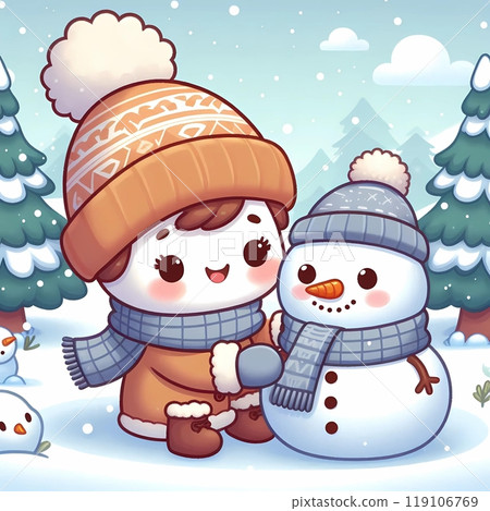 happy snowman in winter forest happy snowman in winter forest 119106769