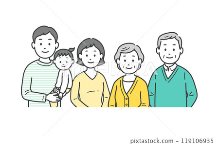 Upper body illustration of a three-generation family gathered together Upper body illustration of a three-generation family gathered together 119106935