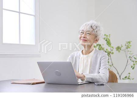 Senior businesswoman imagining in front of laptop computer, office 119106966